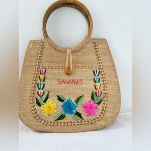 Straw Wood Handle Bag | 3D Silk Flowers | Bahamas Souvenir Style